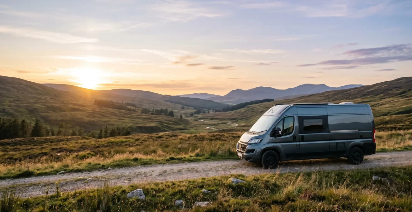 Camping-car garé dans un cadre naturel lumineux avec espace ouvert symbolisant la liberté et la rentabilité de la location entre particuliers