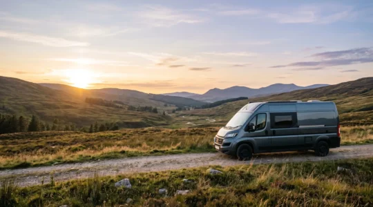 Camping-car garé dans un cadre naturel lumineux avec espace ouvert symbolisant la liberté et la rentabilité de la location entre particuliers