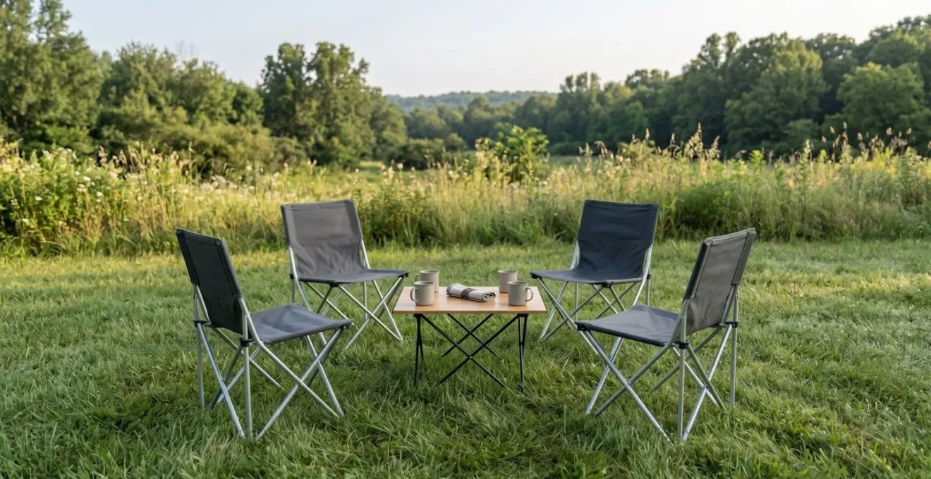 Mobilier de camping pliant ultraléger installé sur herbe avec salon extérieur de quatre personnes