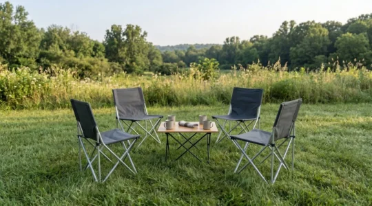 Mobilier de camping pliant ultraléger installé sur herbe avec salon extérieur de quatre personnes