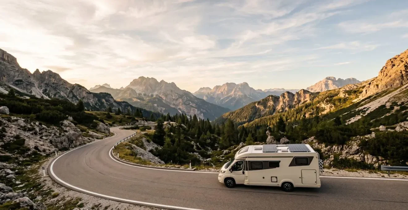 Vue panoramique d'un camping-car moderne sur route sinueuse avec panneaux solaires sur le toit dans un paysage montagneux au coucher du soleil