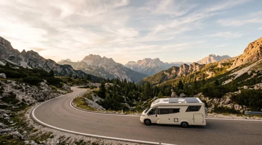 Vue panoramique d'un camping-car moderne sur route sinueuse avec panneaux solaires sur le toit dans un paysage montagneux au coucher du soleil