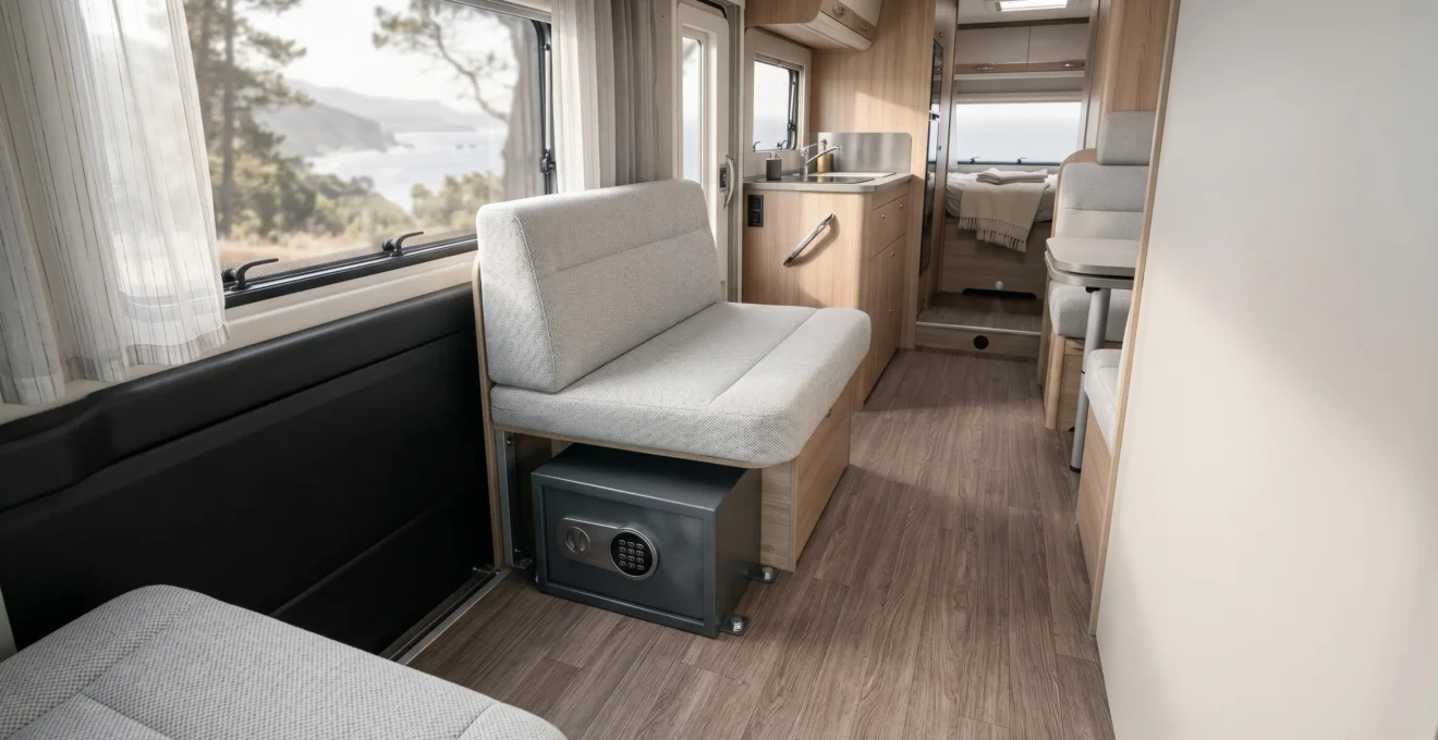 Intérieur de camping-car avec solution de stockage sécurisée pour objets de valeur en ambiance naturelle