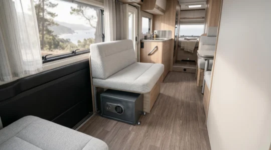 Intérieur de camping-car avec solution de stockage sécurisée pour objets de valeur en ambiance naturelle