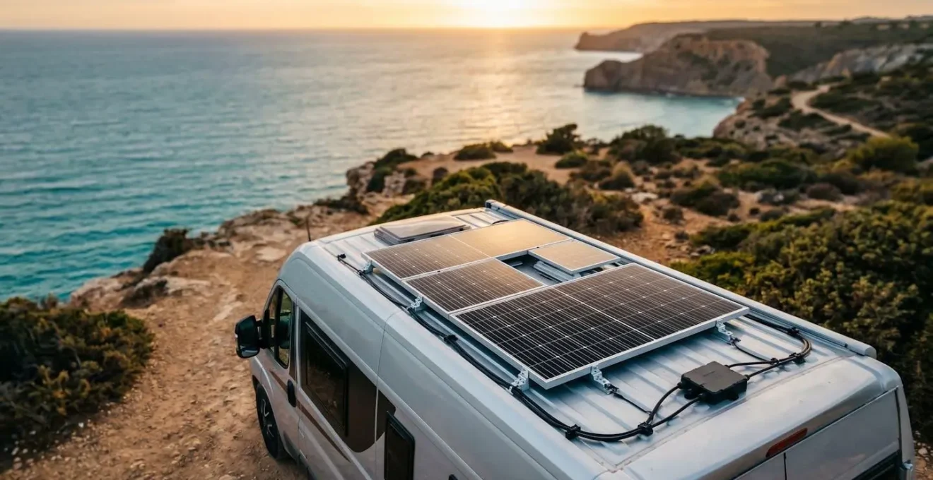 Panneaux solaires monocristallins performants installés sur le toit d'un camping-car moderne dans un environnement lumineux