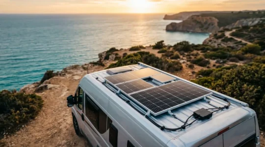 Panneaux solaires monocristallins performants installés sur le toit d'un camping-car moderne dans un environnement lumineux