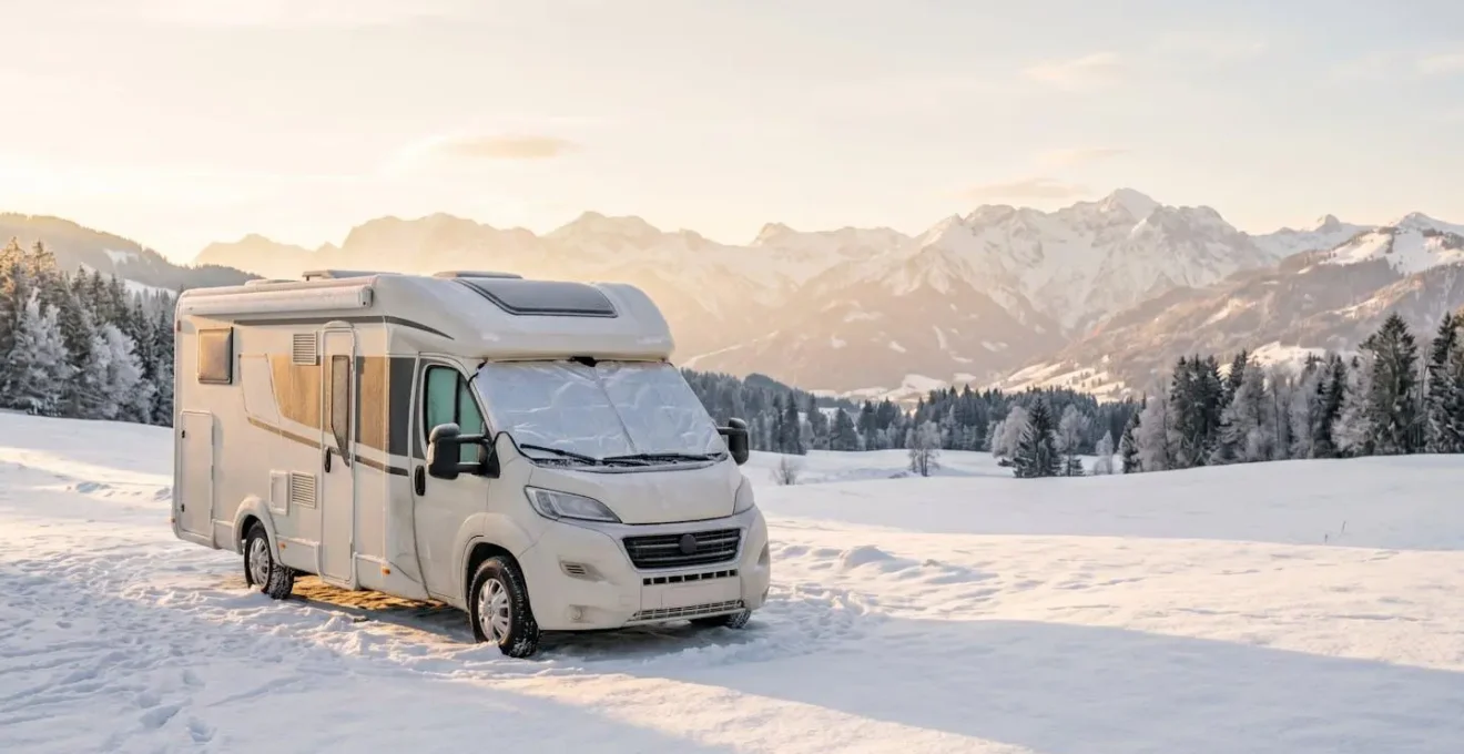 Protection thermique extérieure sur pare-brise de camping-car en hiver pour réduire la consommation de chauffage