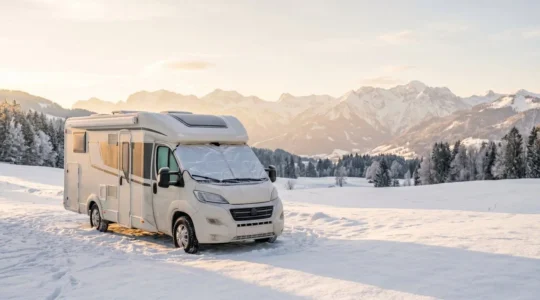 Protection thermique extérieure sur pare-brise de camping-car en hiver pour réduire la consommation de chauffage