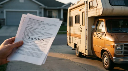 Camping-car vintage stationné devant une maison avec un technicien consultant des documents de garantie