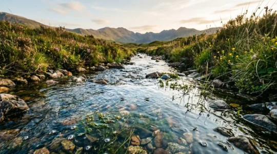 Eau savonneuse se déversant dans un fossé de campagne avec écosystème aquatique menacé