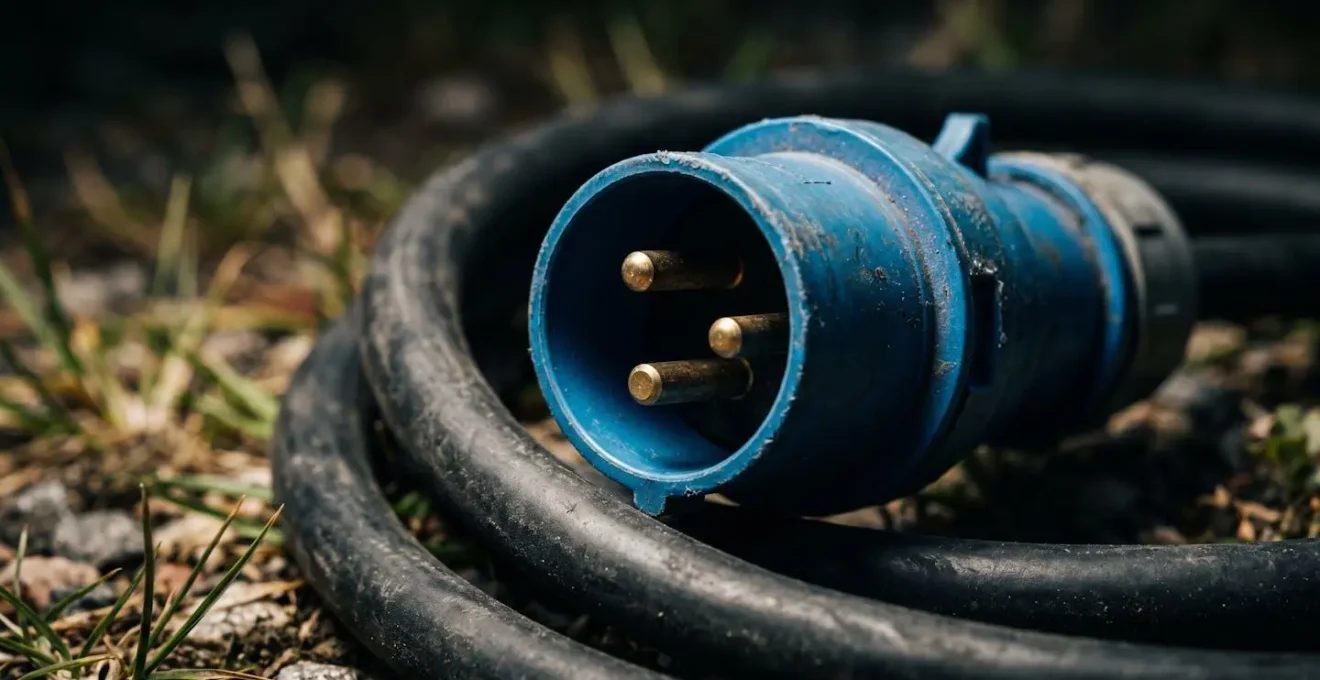 Gros plan dramatique sur une rallonge électrique P17 bleu industriel enroulée avec câble noir épais sur fond sombre montrant la texture du caoutchouc néoprène
