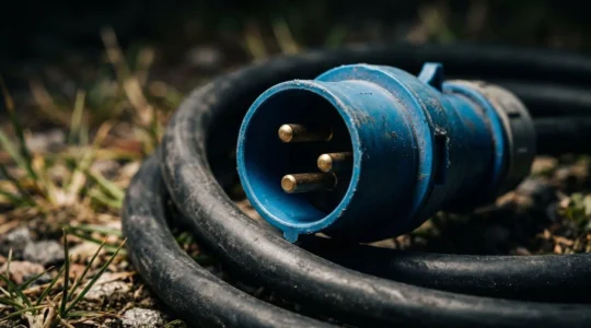 Gros plan dramatique sur une rallonge électrique P17 bleu industriel enroulée avec câble noir épais sur fond sombre montrant la texture du caoutchouc néoprène