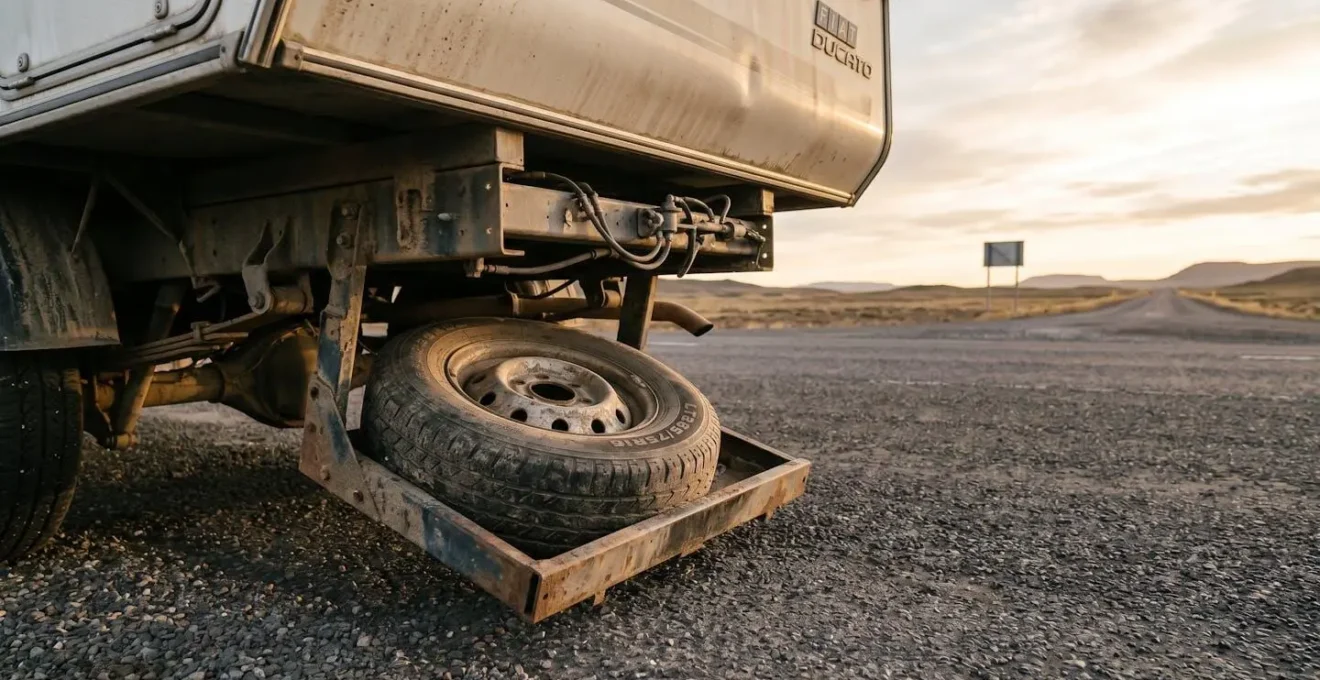 Roue de secours pour camping-car suspendue sous le châssis dans un environnement routier