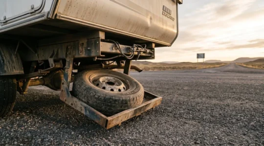 Roue de secours pour camping-car suspendue sous le châssis dans un environnement routier