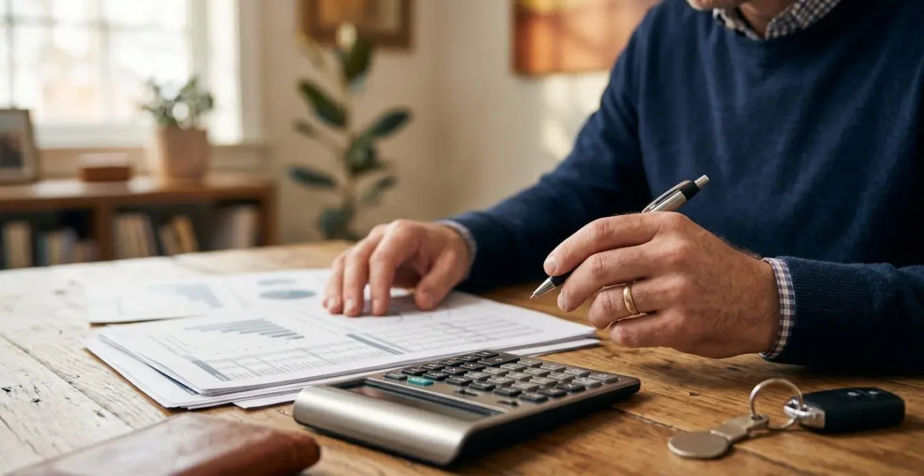 Étude minutieuse de documents financiers et de plans architecturaux avec calculatrice et graphiques pour simuler le coût mensuel d'un véhicule de loisirs