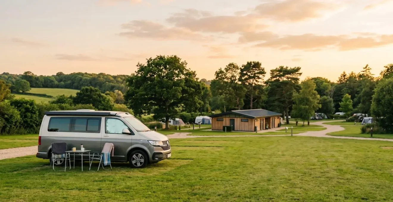 Camping-car stationné sur emplacement herbu dans camping traditionnel avec blocs sanitaires en arrière-plan