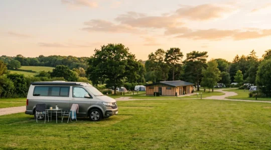 Camping-car stationné sur emplacement herbu dans camping traditionnel avec blocs sanitaires en arrière-plan