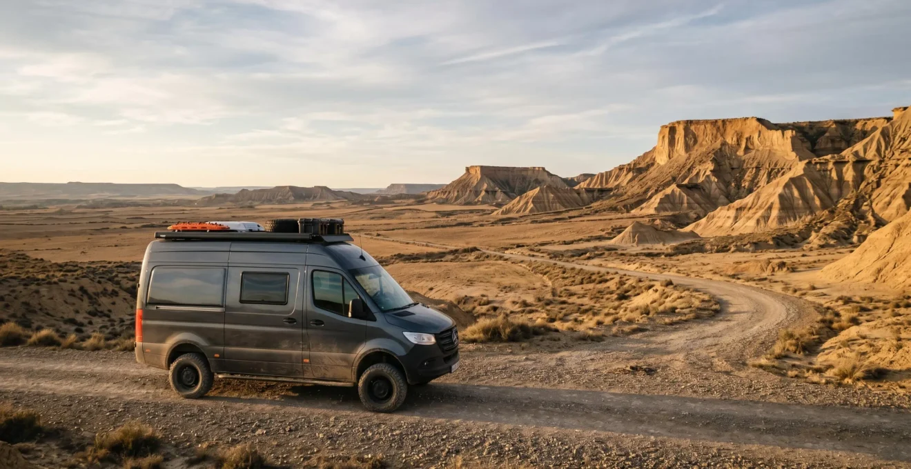 Camping-car sur piste rocailleuse du désert des Bardenas en préparation technique