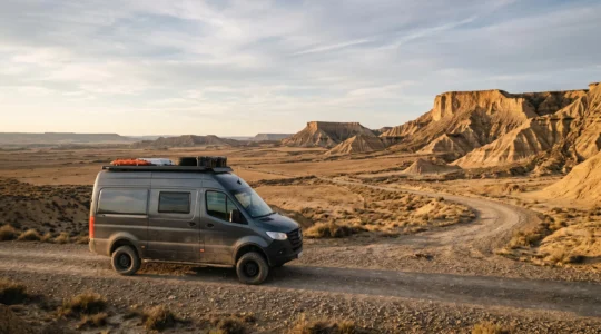 Camping-car sur piste rocailleuse du désert des Bardenas en préparation technique