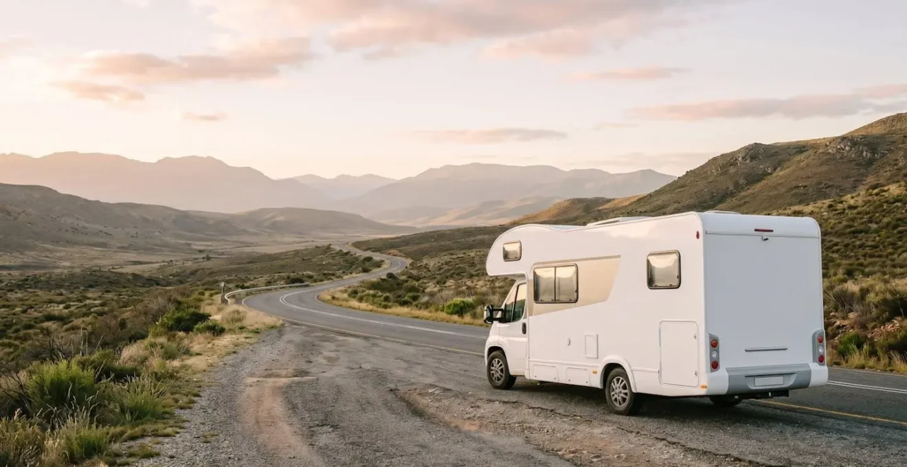 Camping-car stationné dans un environnement naturel prêt pour la vérification technique avant un long trajet