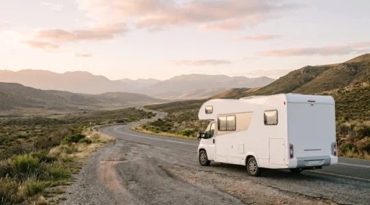 Camping-car stationné dans un environnement naturel prêt pour la vérification technique avant un long trajet
