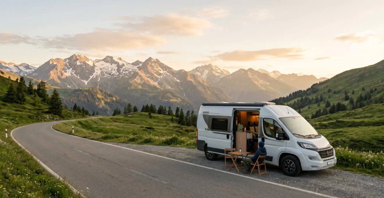 Vue panoramique d'un camping-car moderne garé dans un paysage européen pittoresque au lever du soleil