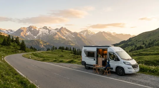 Vue panoramique d'un camping-car moderne garé dans un paysage européen pittoresque au lever du soleil